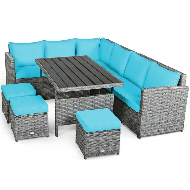 7 Pcs Rattan Patio Dining Furniture Sectional Sofa Set with Dining Table, Ottomans & Cushions - image 39