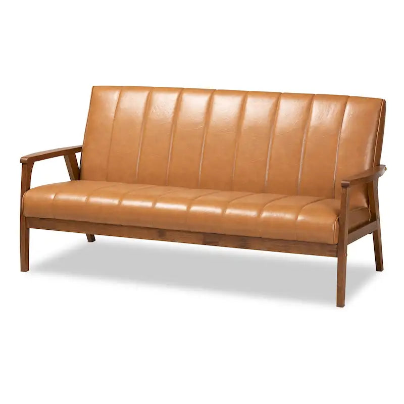 Nikko Tan Faux Leather Sofa with Walnut-Finished Wood Accents - image 2
