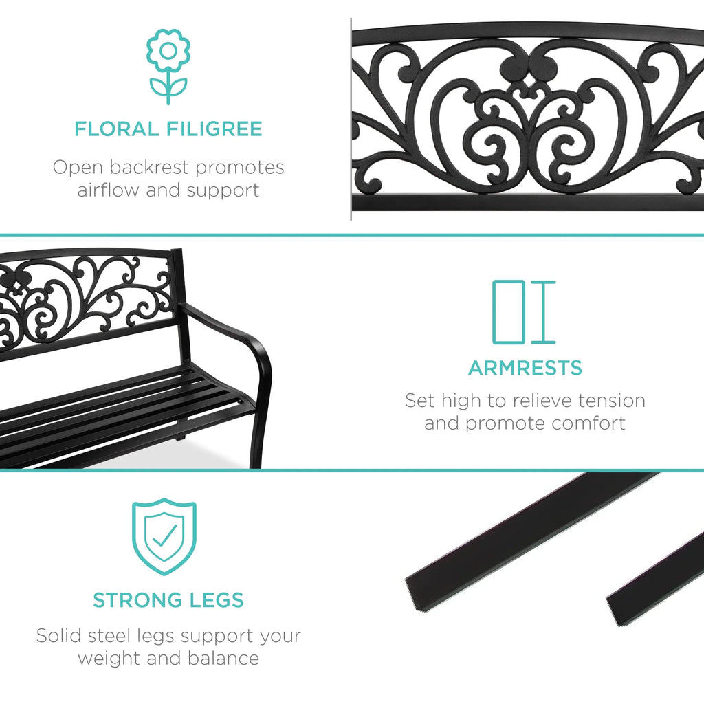 Best Choice Products Outdoor Steel Bench Garden Patio Porch Furniture W/ Floral Design Backrest - Black - image 11
