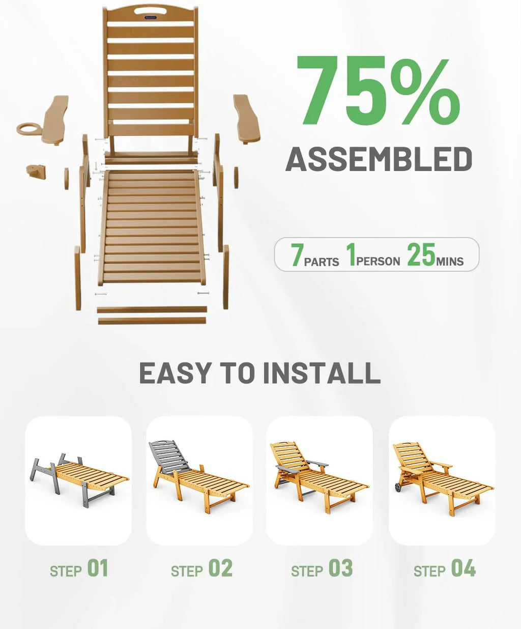 Lounge Chair Outdoor, Chaise Lounge, HDPE 6-Position Outdoor Chaise Lounge, Patio Lounge Chair with Wheels & Cup Holder for Pool Poolside Deck Backyard, Teak - image 30