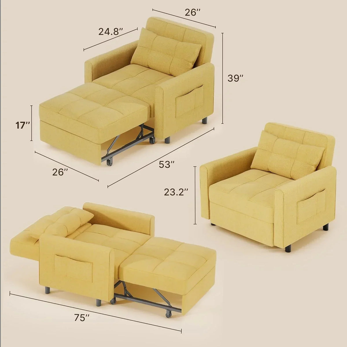 Sofa Bed Chair 3 in 1 Convertible Pullout Single Sleeper Chair Bed Spacious Multifunctional Sofa - image 6