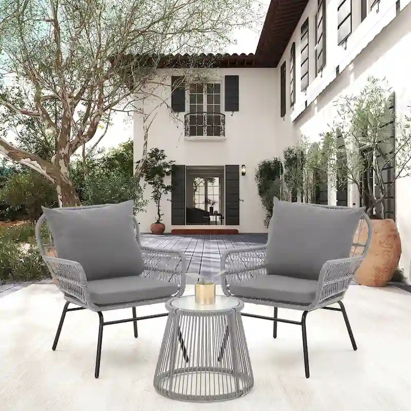 3-Piece Patio Conversation Bistro Set, Outdoor Rattan Furniture Set with Glass Table & 2 Wide Armchairs, Seat Cushions - image 24