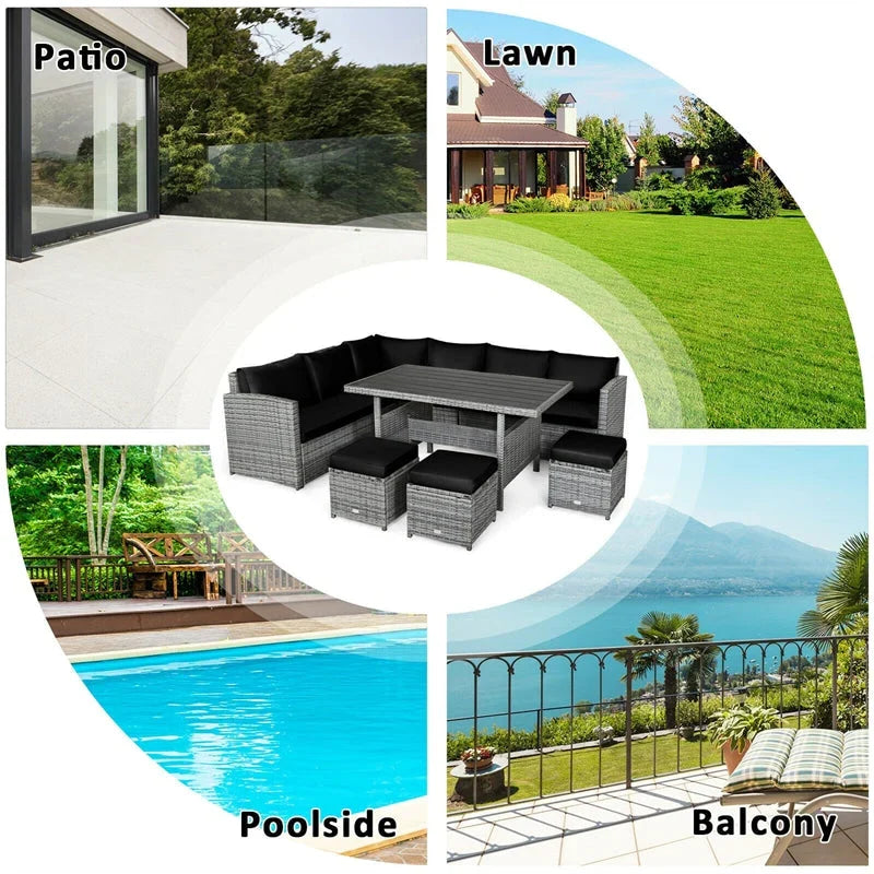 7 Pcs Rattan Patio Dining Furniture Sectional Sofa Set with Dining Table, Ottomans & Cushions - image 67