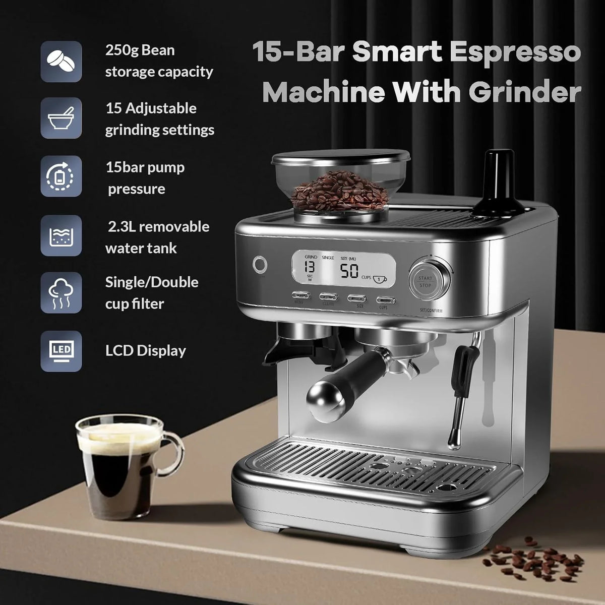 Espresso Machine with Grinder, Professional Coffee and Espresso Maker Combo, Stainless Steel Cafe Espresso Machine with Steam Wand Barista Kit for Cappuccino Latte - image 2