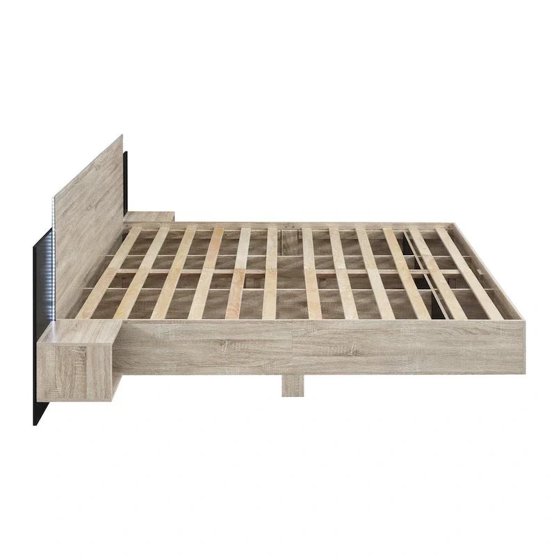 Modern King Size Wooden Floating Bed Frame with Nightstand and LED - Slatted Support Design - image 10