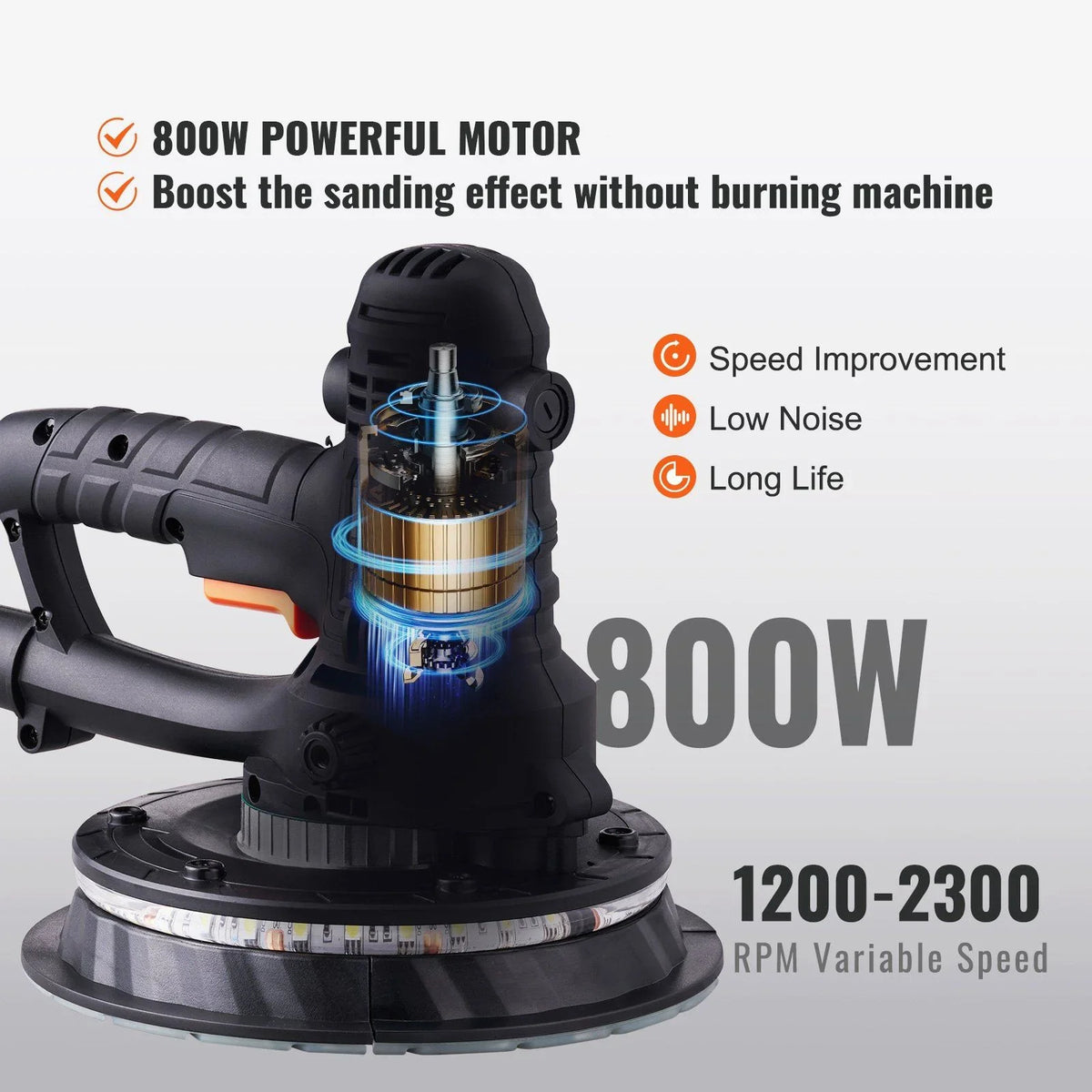 800W Electric Drywall Sander with Dust Extraction, Adjustable RPM 1200-2300, Brush Motor for Efficient Wall Sanding & Polishing - image 4