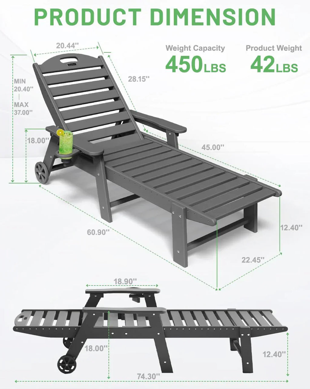 Lounge Chair Outdoor, Chaise Lounge, HDPE 6-Position Outdoor Chaise Lounge, Patio Lounge Chair with Wheels & Cup Holder for Pool Poolside Deck Backyard, Teak - image 46