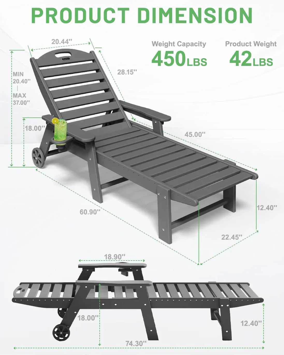 Lounge Chair Outdoor, Chaise Lounge, HDPE 6-Position Outdoor Chaise Lounge, Patio Lounge Chair with Wheels & Cup Holder for Pool Poolside Deck Backyard, Teak - image 46