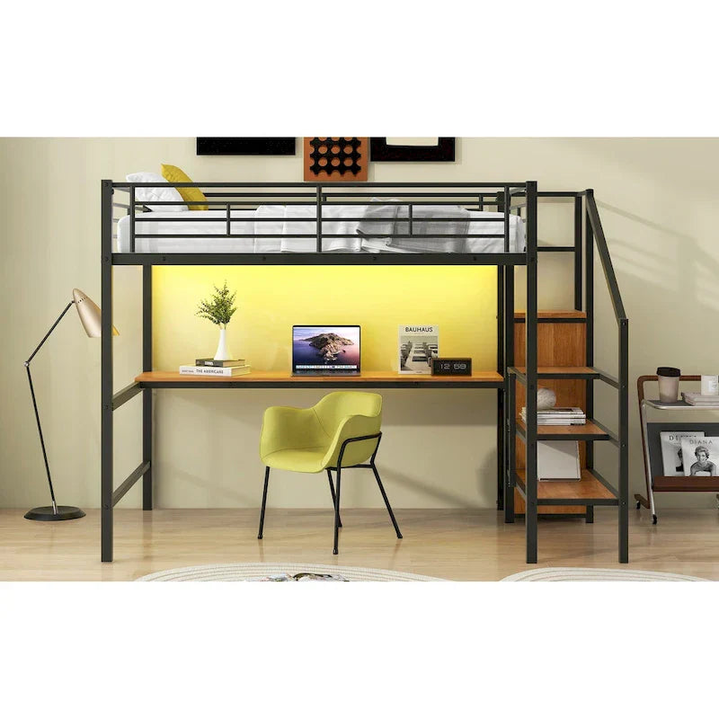 Complete Loft Bed Set with Desk, Storage Staircase, Compact Wardrobe, and LED Lighting - image 7