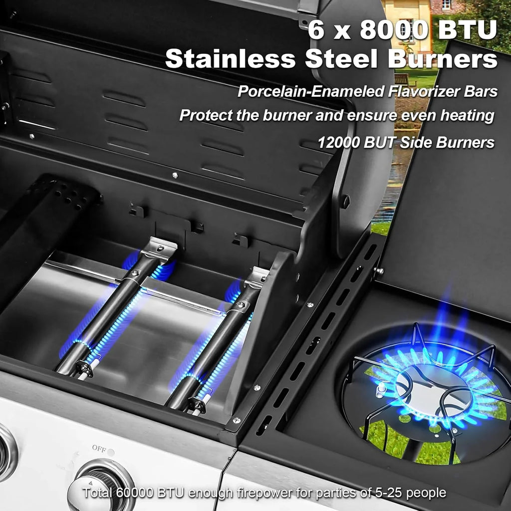 Upgraded 4 Burner BBQ Propane Gas Grill with Cast Iron Grates & Side Stove, 44,000 BTU Stainless Steel Burner Barbecue Grill for Patio, Camping, Outdoor Cooking. - image 12