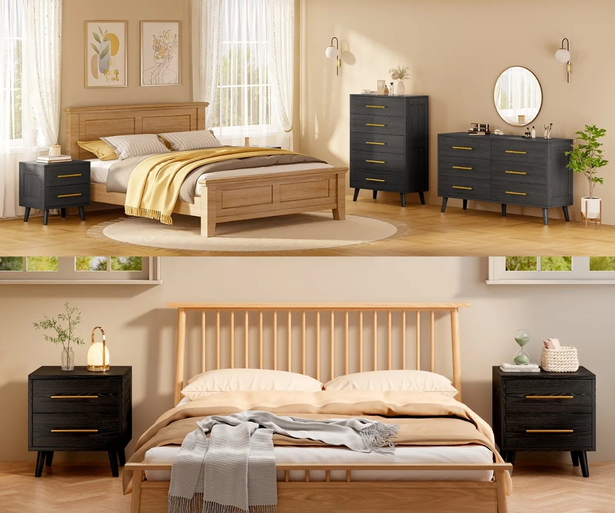 Bedroom Furniture Set - Includes Queen Bed Frame, Nightstands Set of 2, 5 - Drawer Dresser & Double Wide 6 - Drawer Dresser - Modern Storage Solution for Stylish Home Decor, Black - image 7