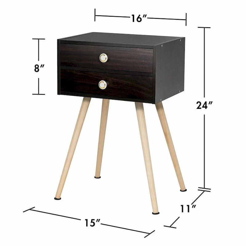 Brown Mid-Century Modern Nightstand with 2 Drawers - image 2