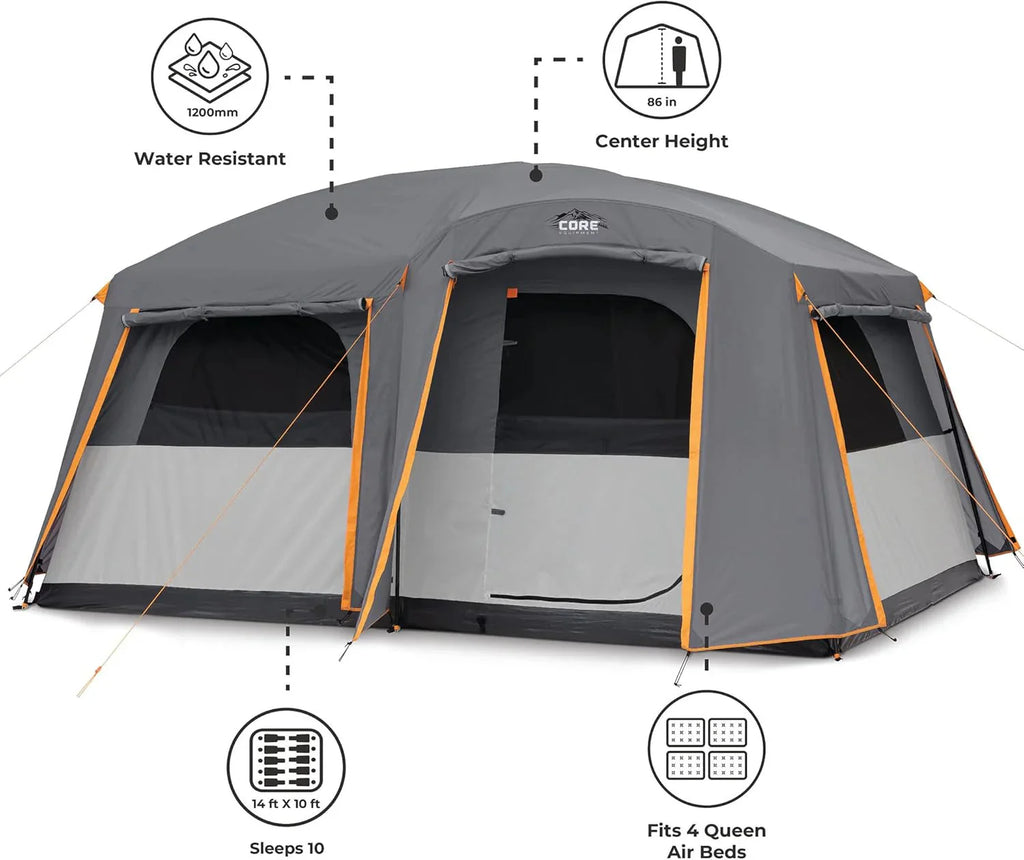 CORE Straight Wall Cabin Tents / 10 Person / 11 Person / 12 Person Large Multi Room Family Tents for Car Camping & Outdoor Adventures - image 6