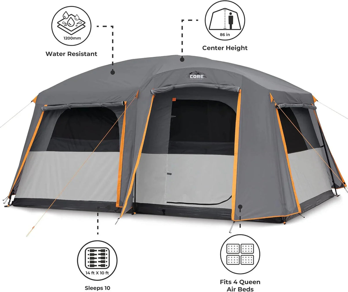CORE Straight Wall Cabin Tents / 10 Person / 11 Person / 12 Person Large Multi Room Family Tents for Car Camping & Outdoor Adventures - image 6