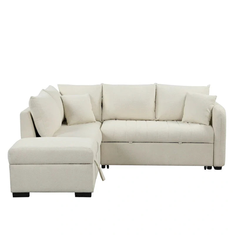82.6" L-Shaped Sectional Sofa Bed with Pull-Out Feature, USB Ports, Power Sockets, and Movable Storage Ottoman - Bei - image 13