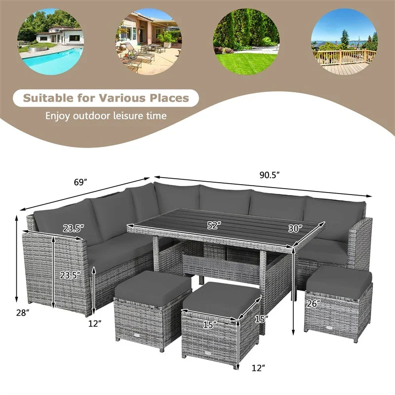 7 Pcs Rattan Patio Dining Furniture Sectional Sofa Set with Dining Table, Ottomans & Cushions - image 52