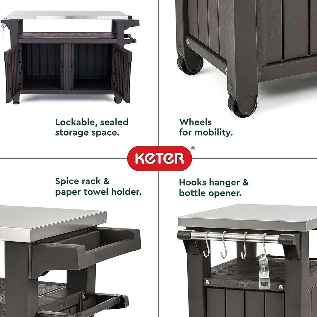 Keter Outdoor Rolling Table Cart for Food Prep, Storage, Bar & Grill, Dark Brown - image 19