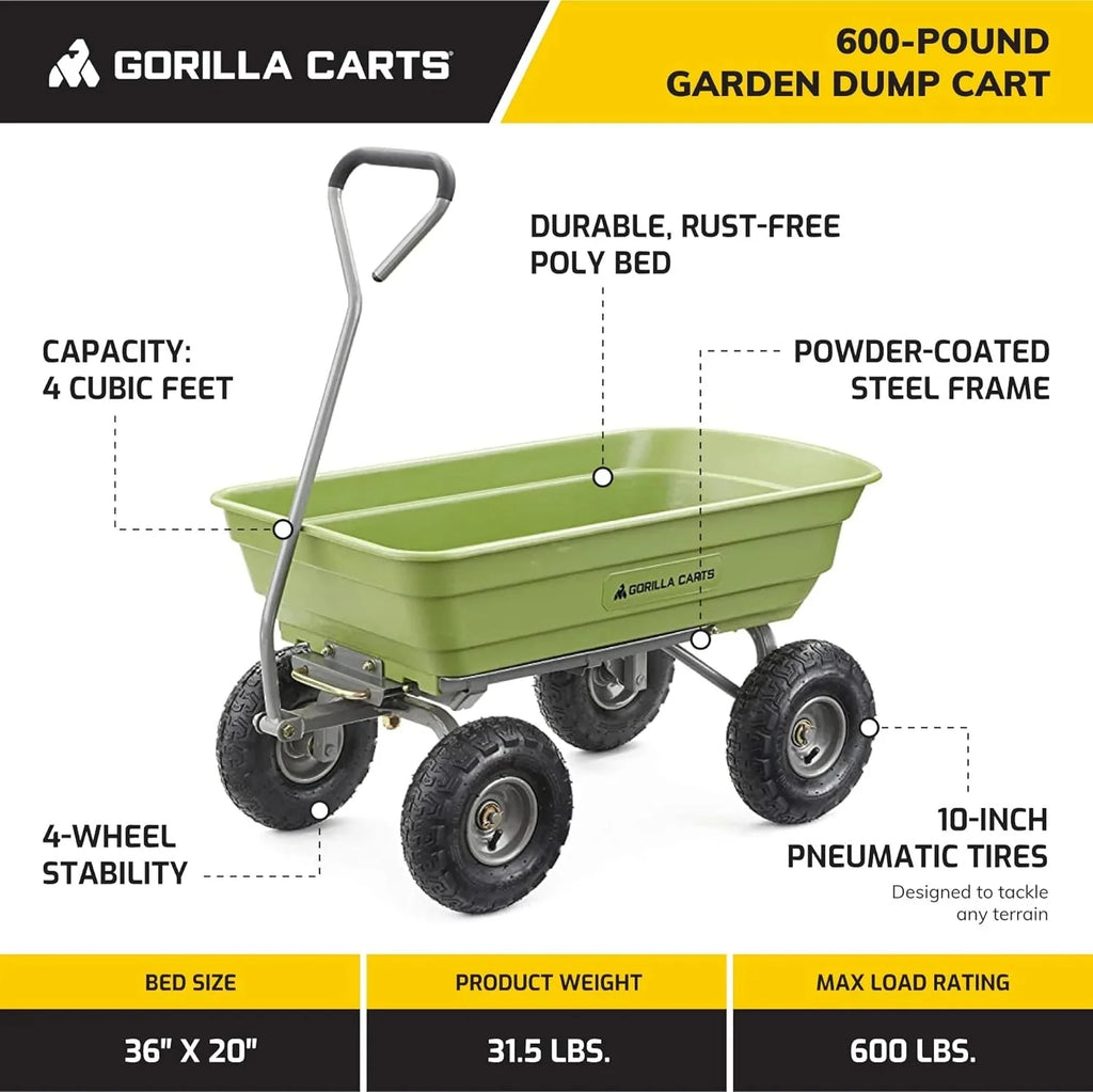 Heavy Duty Poly Utility Dump Wagon Garden Cart w/Pneumatic Tires, 6 Cu Ft - 1200 lb Capacity Outdoor Wheelbarrow for Yard, Landscaping & Gardening, Lawn Tractor or ATV Towable-Gorilla Carts - image 18