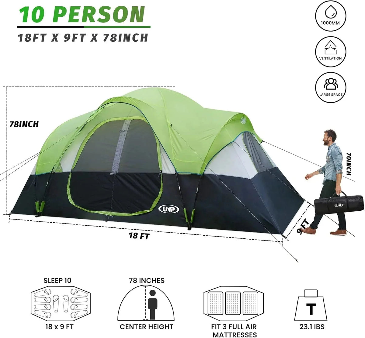UNP Camping Tent 10-Person-Family Tents, Parties, Music Festival Tent, Big, Easy Up, 5 Large Mesh Windows, Double Layer, 2 Room, Waterproof, Weather Resistant, 18ft x 9ft x78in - image 20