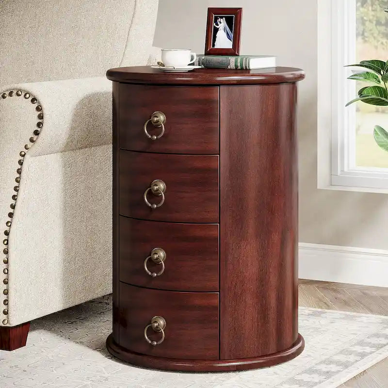 No Assembly Solid Wood End Table, Vintage Round Side Drawers Table - image 5