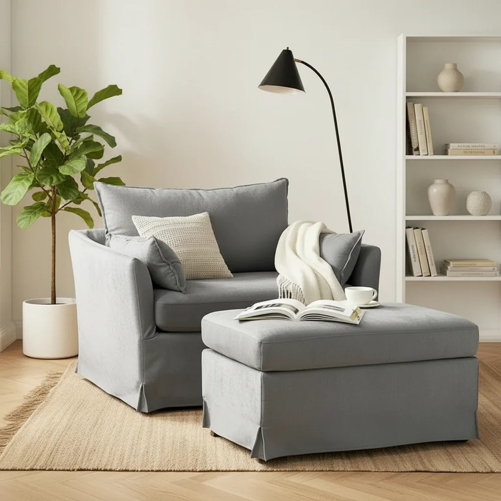 Sophie Contemporary Oversized Slipcovered Armchair and Ottoman with Lockable Rear Wheels - image 5