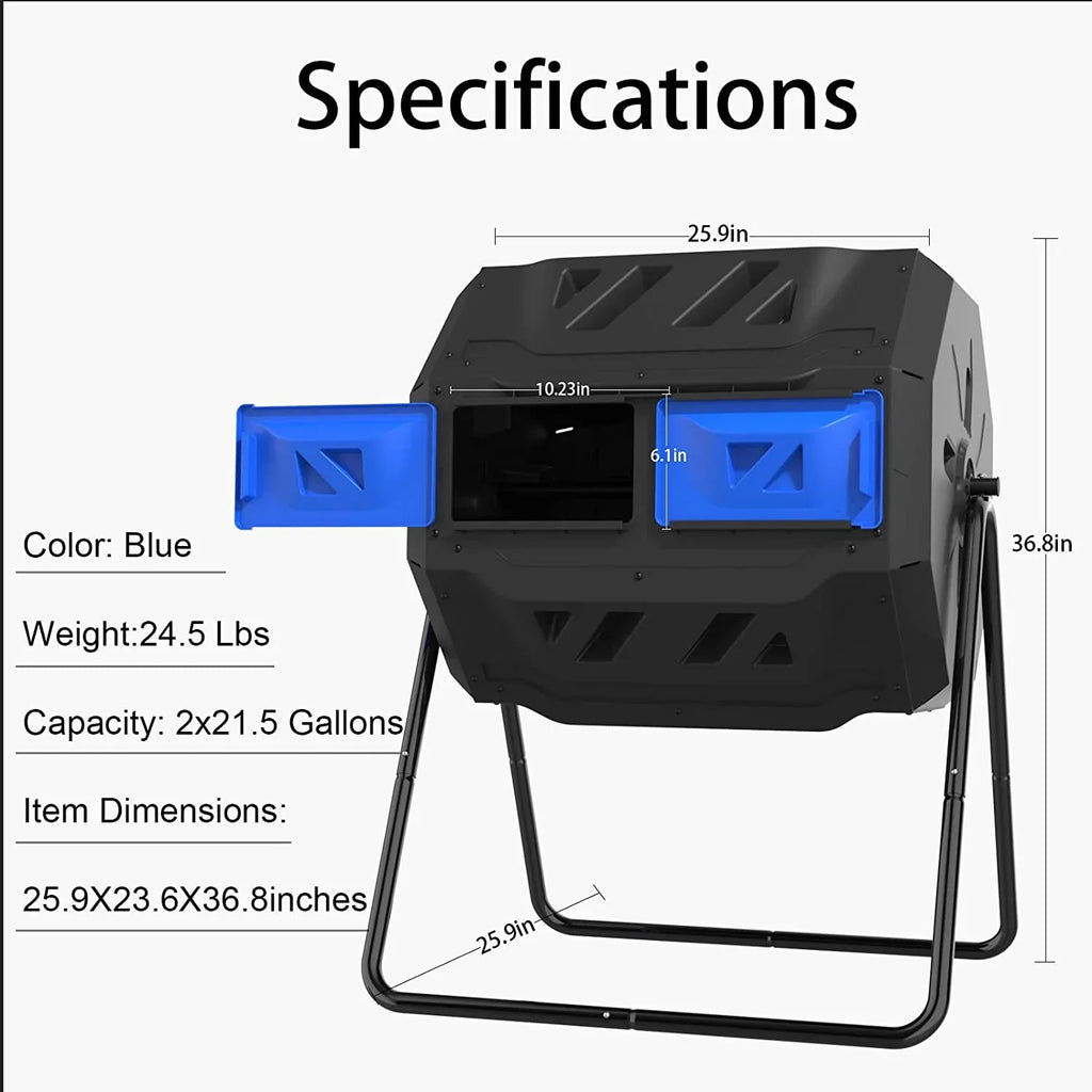 Large Compost Tumbler Bin Dual Compartment Better AirCirculation Efficient Compost BPA Free Sturdy Steel Frame 43Gallon (2 21.5Gal) Blue Door - image 13