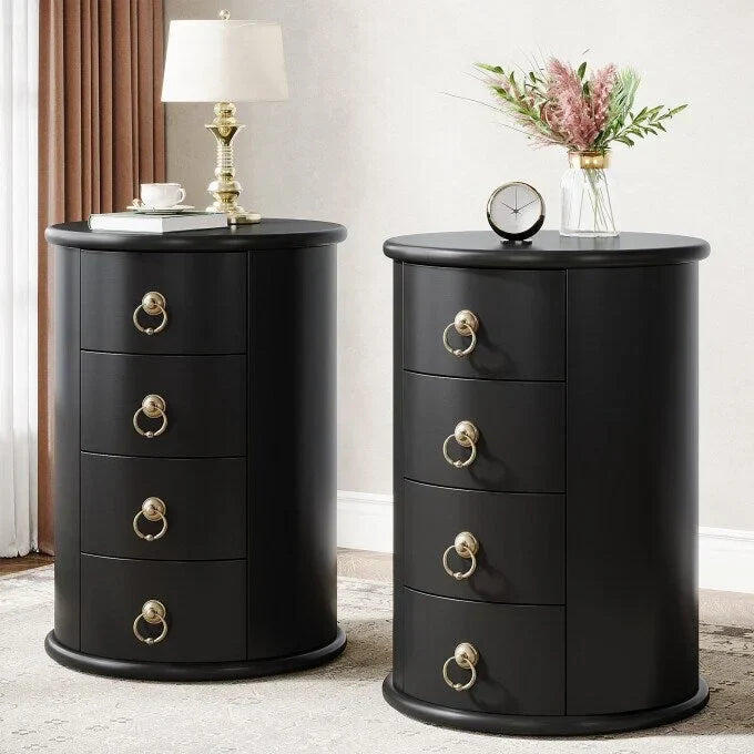 No Assembly Solid Wood End Table, Vintage Round Side Drawers Table - image 4