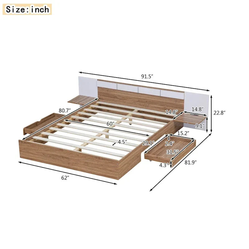 Natural Queen Size Platform Bed with Headboard, Storage Drawers, Shelves, USB Ports, and Outlets - image 10