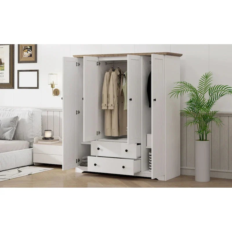 Freestanding 4-Door Wardrobe Armoire with 2 Drawers and Hanging Rods for Clothes Storage - image 14
