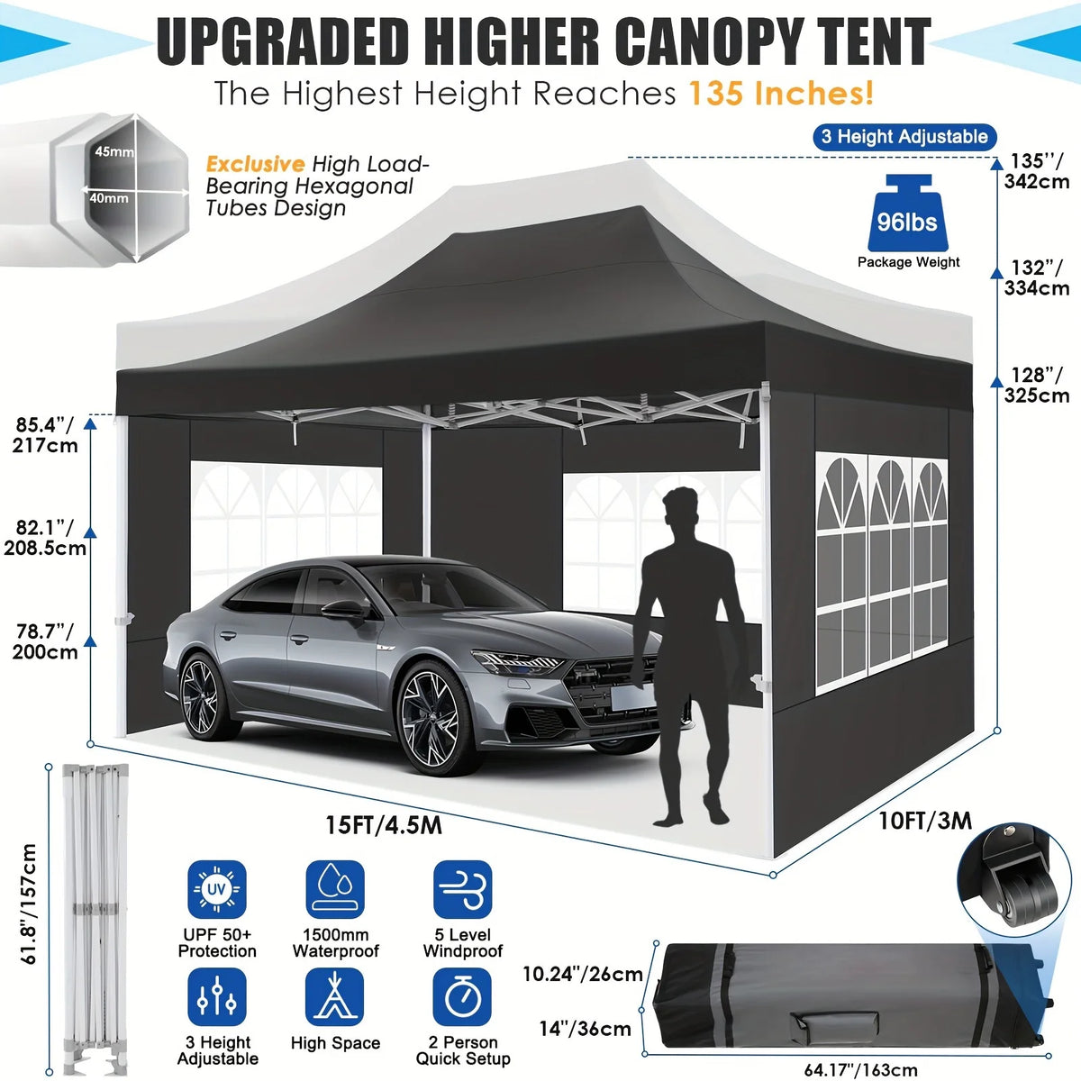 Hoteel 10x15 Heavy Duty Canopy Tent with 4 Sidewalls,Pop up Canopy for Parties Wedding,Commercial Easy up Gazebo with Roller Bag,UV 50+ &,Black - image 17