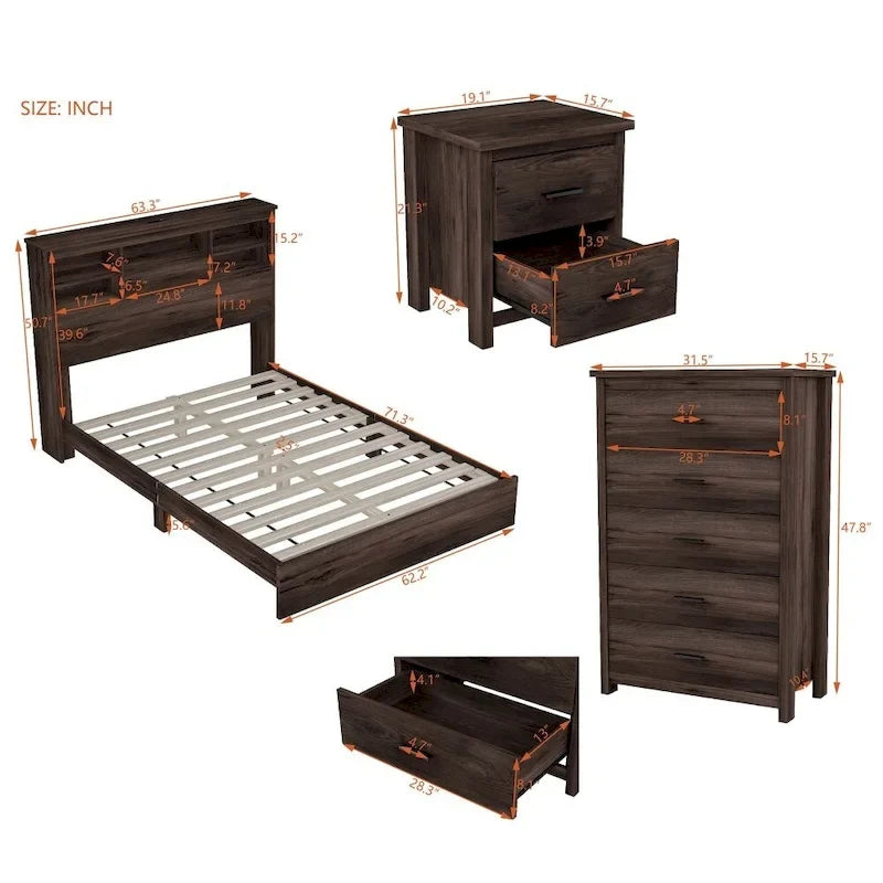 Vintage Queen Size Bedroom Set: 4-Piece Wooden Bed Frame with 2 Nightstands and 1 Dresser - image 3
