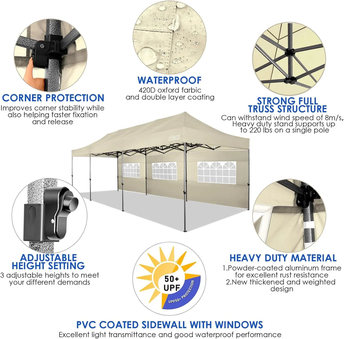 COBIZI 10x20 Heavy Duty Pop up Canopy Tent with 6 sidewalls Easy Up Commercial Outdoor Canopy Wedding Party Tents for Parties All Season Wind & Waterproof Gazebo with Roller Bag,Black(Frame Thickened) - image 190