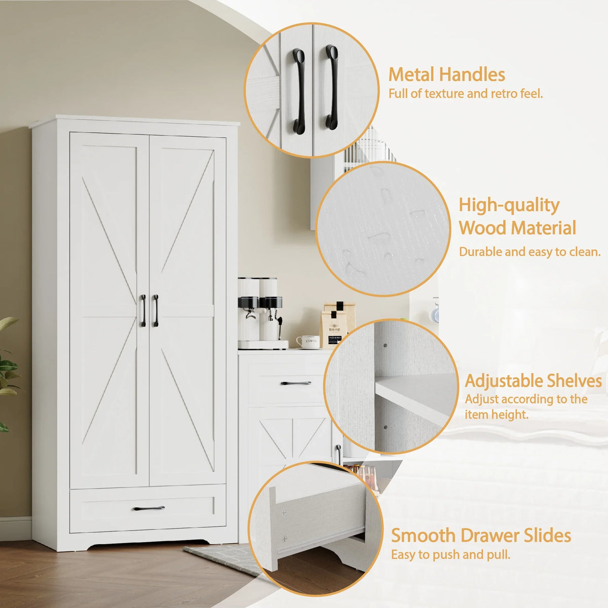 YouTrend 69" Tall Kitchen Pantry,Farmhouse Storage Cabinet with 2 Barn Doors 4 Adjustable Shelves and Large Drawer for Dining Room,Living Room,Bathroom,White - image 5