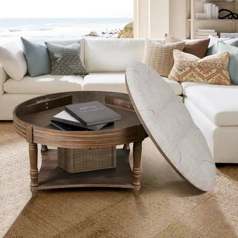 Round Storage Ottoman Coffee Table with Tufted Seat and Wooden Base - image 5