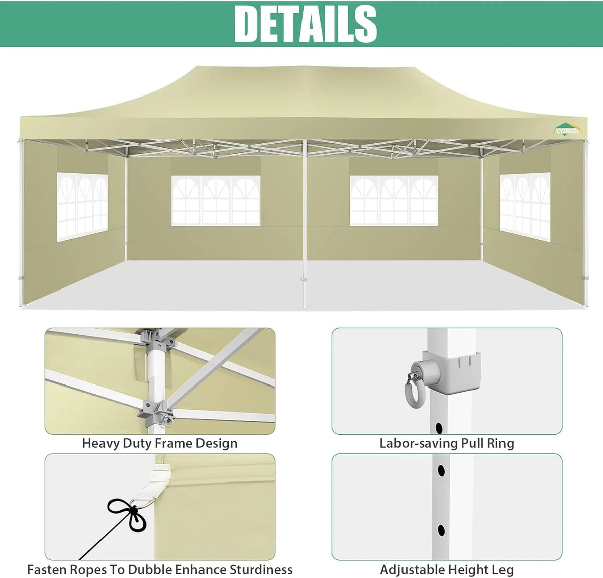 COBIZI 10x20 Heavy Duty Pop up Canopy Tent with 6 sidewalls Easy Up Commercial Outdoor Canopy Wedding Party Tents for Parties All Season Wind & Waterproof Gazebo with Roller Bag,Black(Frame Thickened) - image 19