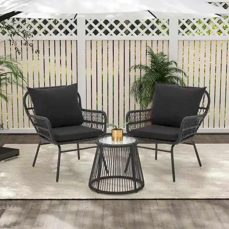 3-Piece Patio Conversation Bistro Set, Outdoor Rattan Furniture Set with Glass Table & 2 Wide Armchairs, Seat Cushions - image 13