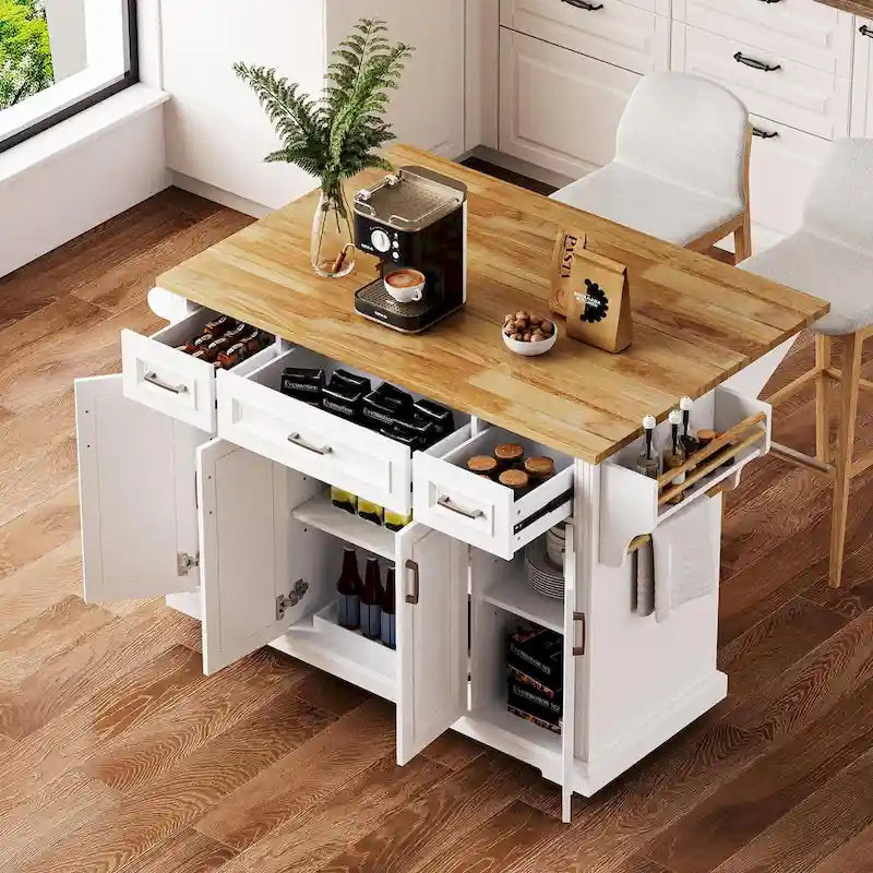 Large Kitchen Island with Wood Drop Leaf, Embossed Texture Rolling Kitchen Cart wDoors and Drawers wStorage for Kitchen, White - image 1