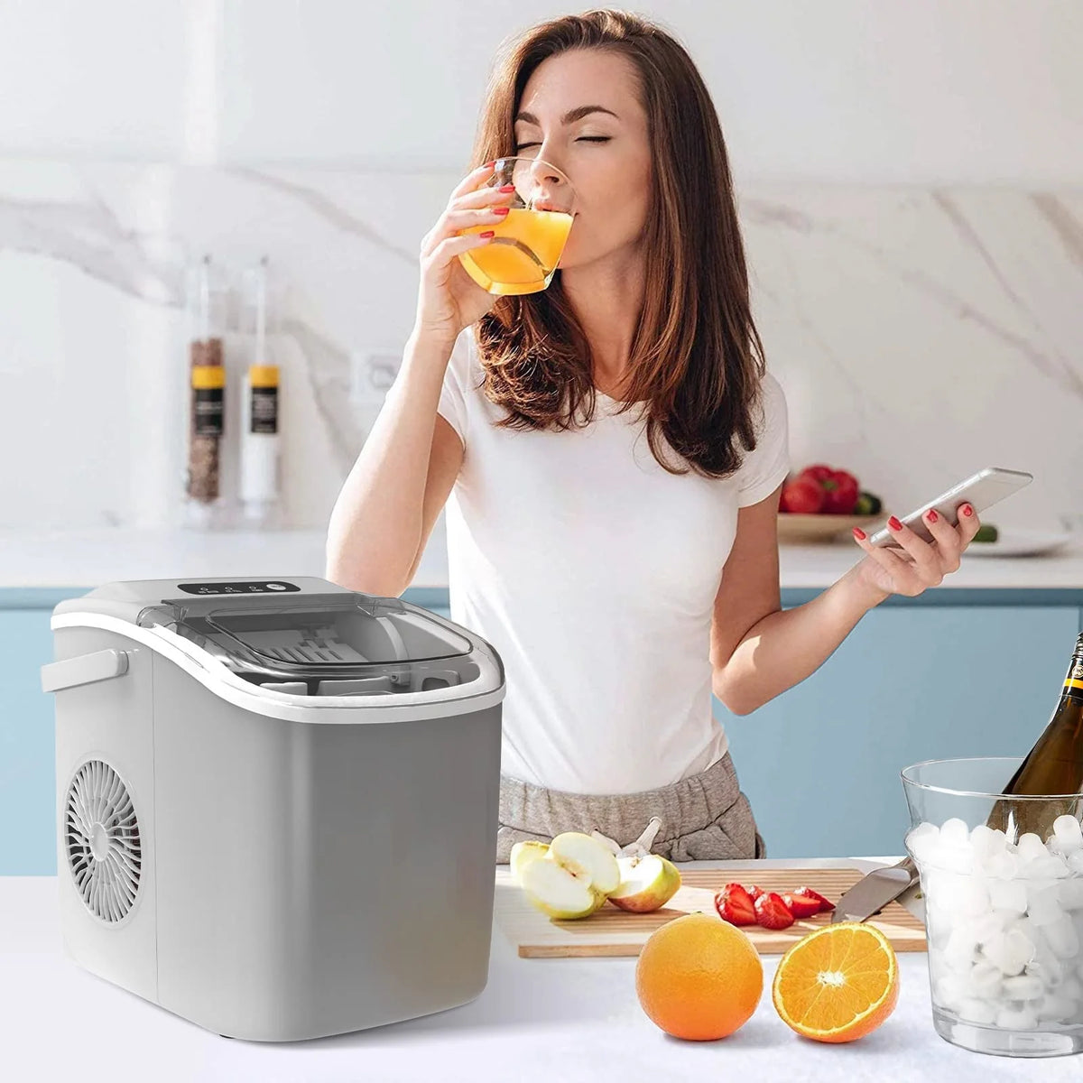 Crzoe Countertop Ice Maker Machine with Handle, 9 Bullet-Shaped Ice Cubes Ready in 6 Mins, 26Lbs/24H, Self-Cleaning Function with Ice Scoop and Basket for Home/Kitchen/Party (Grey) - image 8