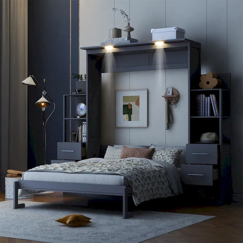 Merax Murphy Bed with Shelves, Drawers, and Integrated LED Lighting - image 2