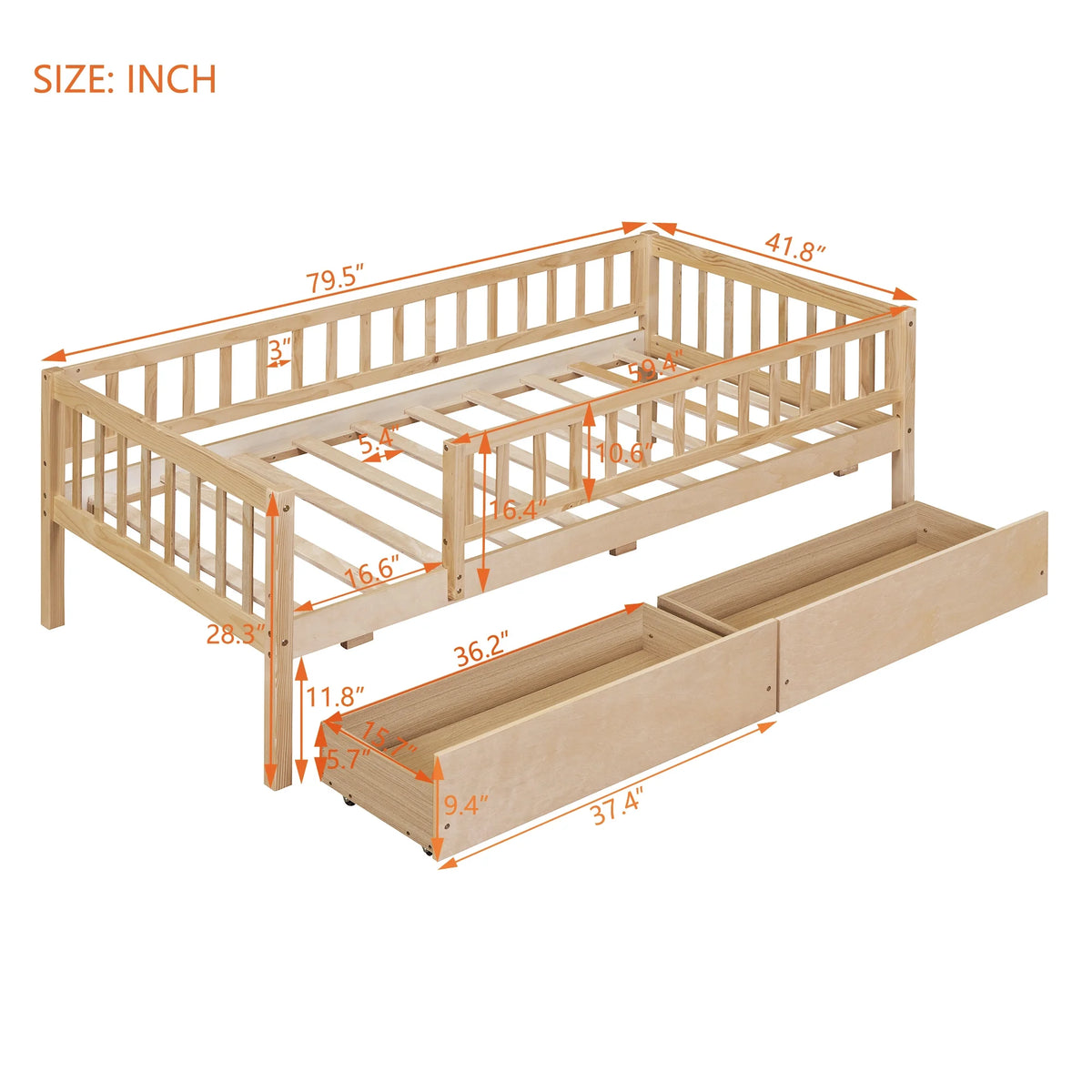 Holaki Twin Size Wood Bed with Guardrails and 2 Storage Drawers for Kids, Gray - image 16