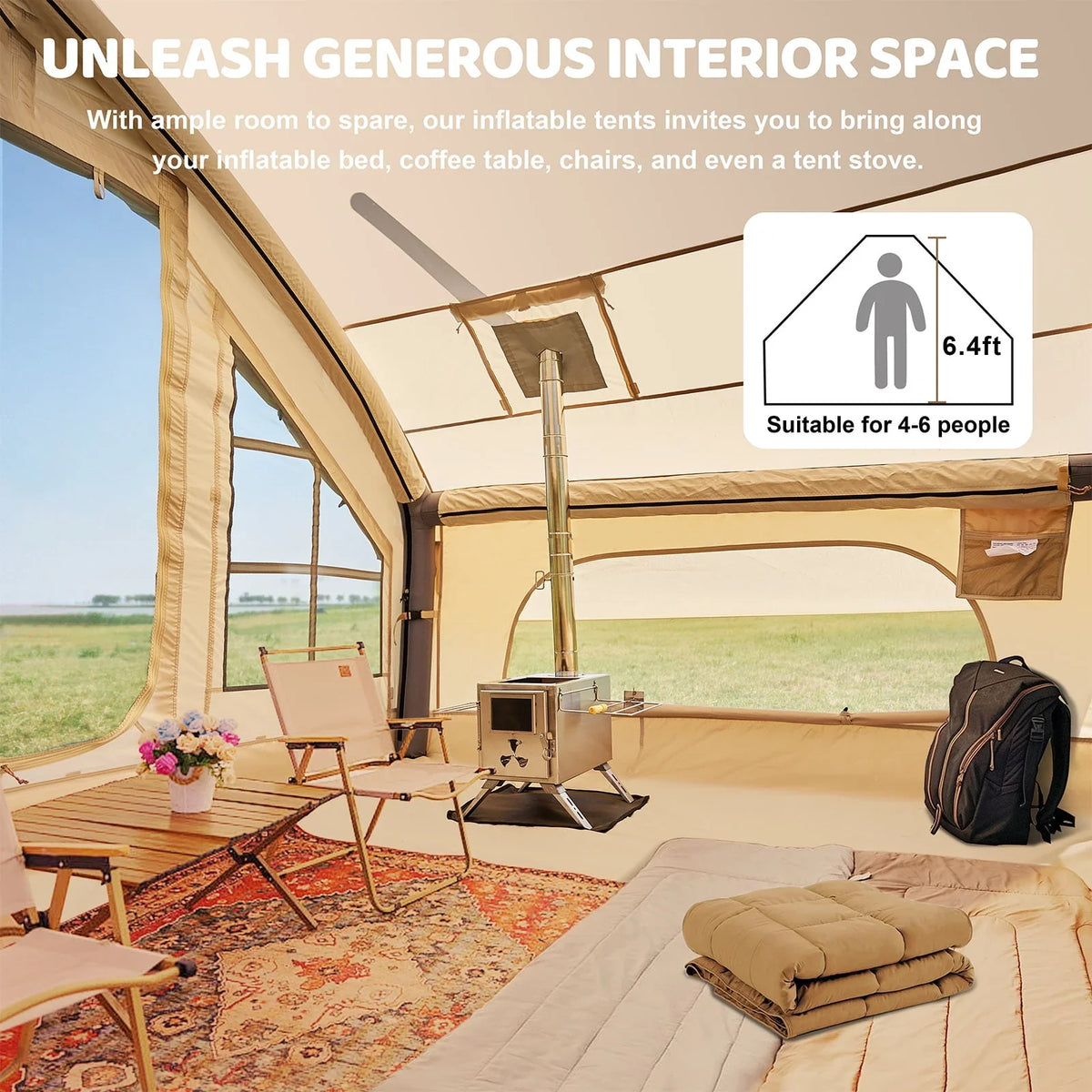 2025 6 Person Inflatable Camping Tent with Pump, 10ft x7ft Glamping Family Tent Easy Setup 4 Season Waterproof Windproof Outdoor Blow Up Tent Luxury Oxford Cabin with Mesh Windows & Doors sgtnighsdesigns - image 2