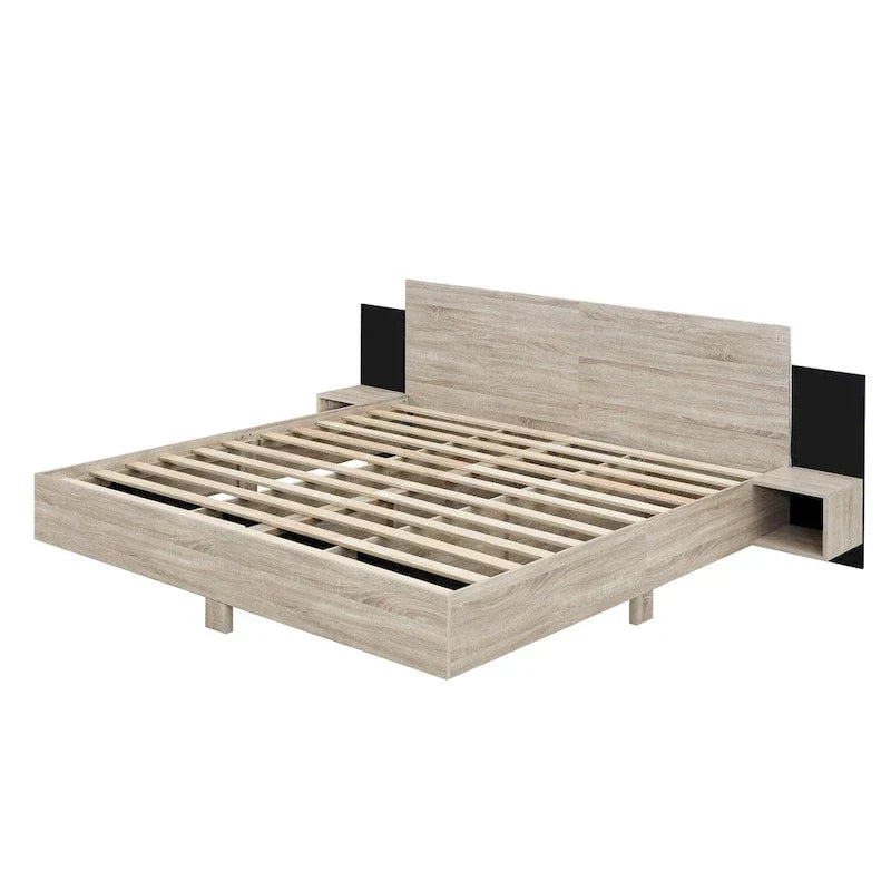 Modern King Size Wooden Floating Bed Frame with Nightstand and LED - Slatted Support Design - image 5