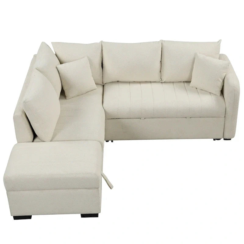 82.6" L-Shaped Sectional Sofa Bed with Pull-Out Feature, USB Ports, Power Sockets, and Movable Storage Ottoman - Bei - image 14