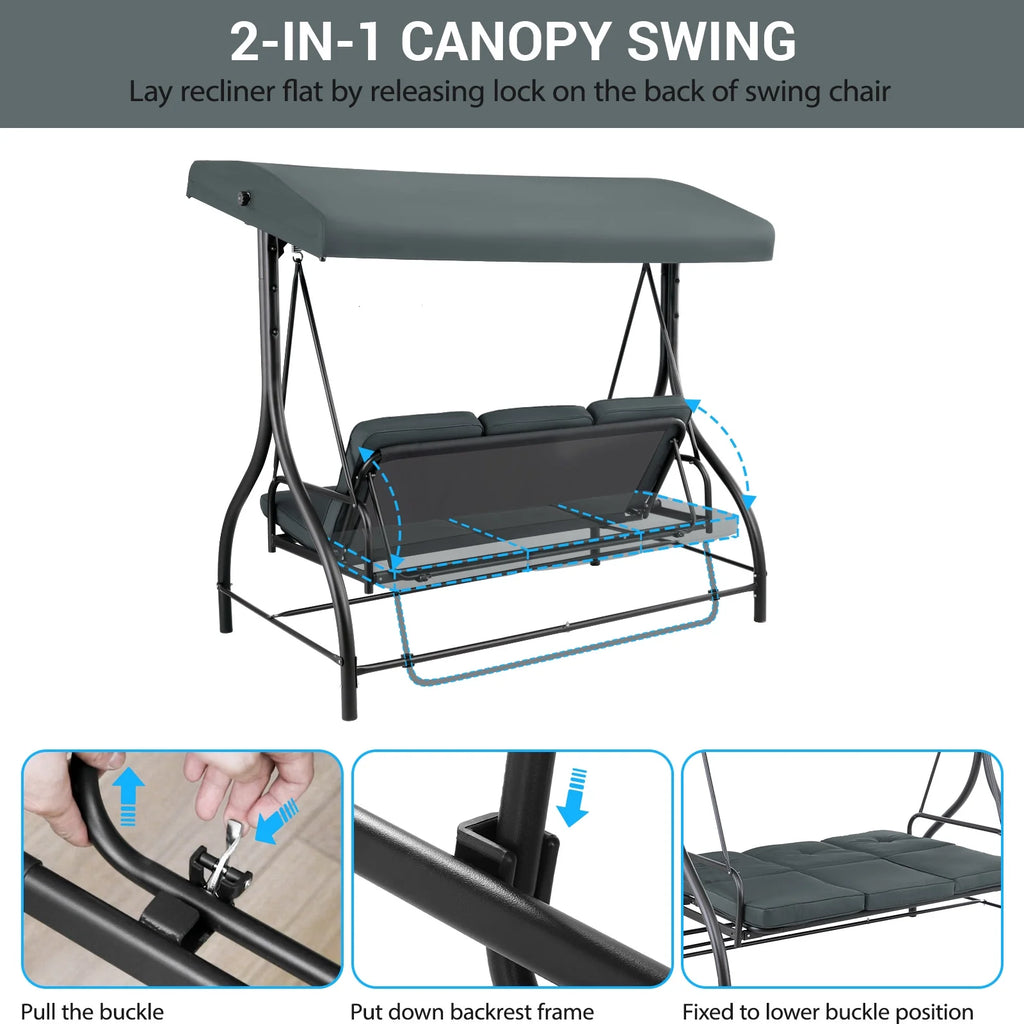 Pirecart 3 Person Patio Porch Swing Outdoor Converting Swing Glider Hammock with Adjustable Canopy, Cushions, Red - image 27