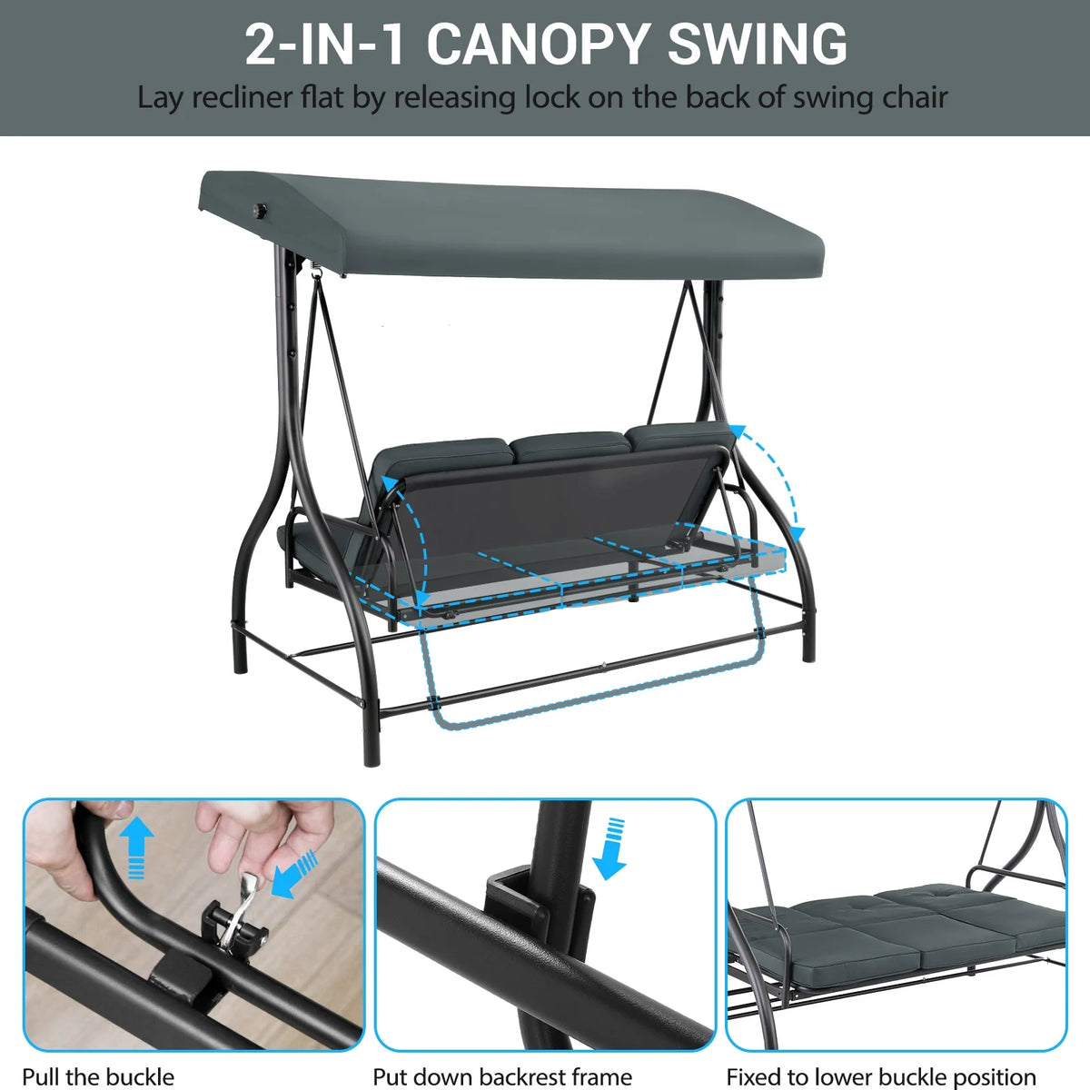 Pirecart 3 Person Patio Porch Swing Outdoor Converting Swing Glider Hammock with Adjustable Canopy, Cushions, Red - image 27