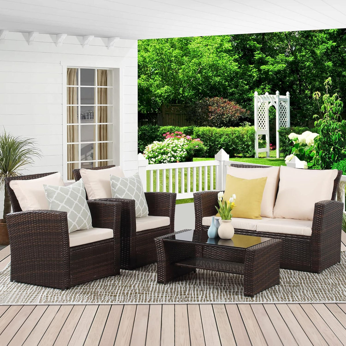 Wisteria Lane 4 Piece Outdoor Patio Furniture Sets, Wicker Conversation Set for Porch Deck, Grey Rattan Sofa Chair with Cushion Blue - image 32