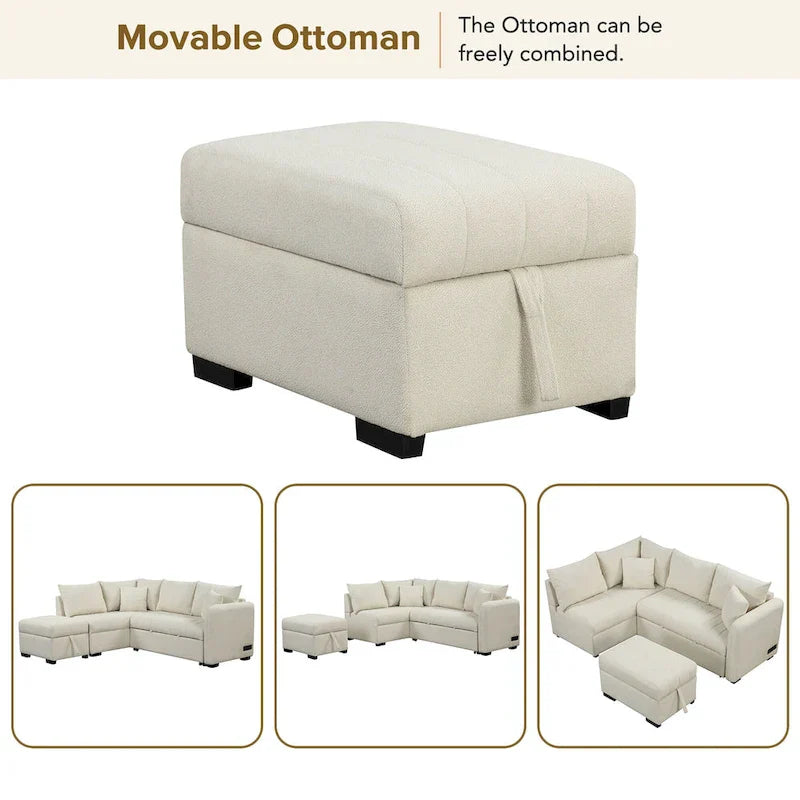 82.6" L-Shaped Sectional Sofa Bed with Pull-Out Feature, USB Ports, Power Sockets, and Movable Storage Ottoman - Bei - image 4