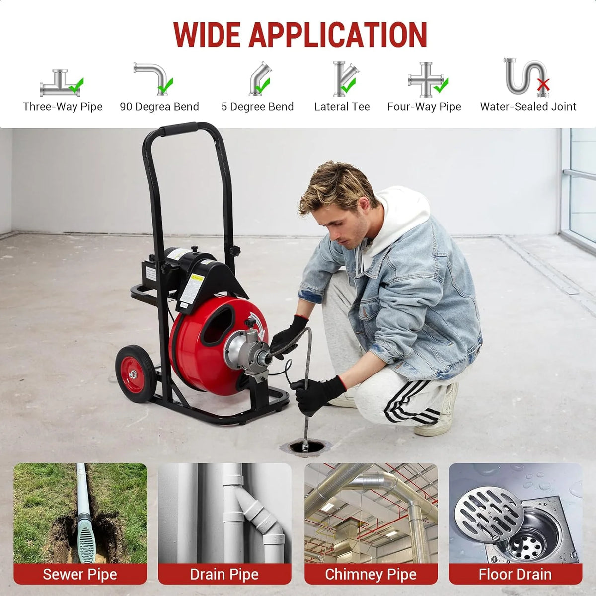 Telyswee Drain Cleaner Machine 100ft x 1/2inch Auto-feed Electric Drain Auger for 1in to 4in Pipes, w/ 8 Cutters & Air-activated Foot Switch, 250W/370W 1700RPM Drain Sewer Snake Drain Auger Cleaner - image 7
