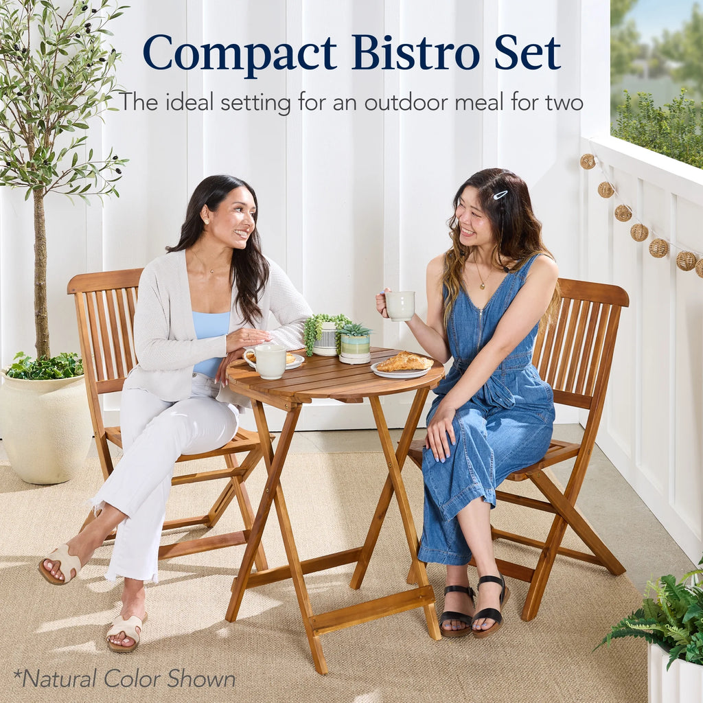 Best Choice Products 3-Piece Acacia Wood Bistro Set, Folding Patio Furniture w/ 2 Chairs, Table - Natural - image 22
