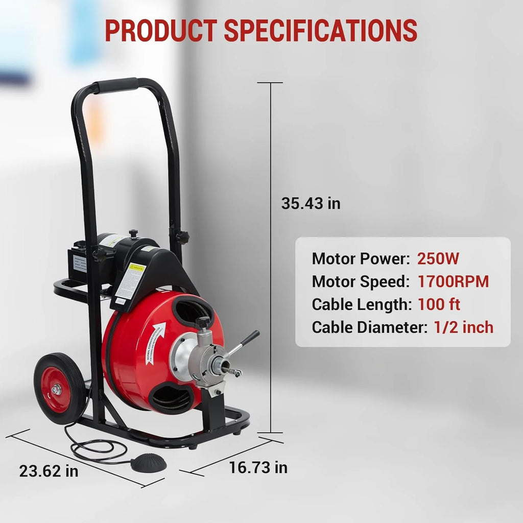 Telyswee Drain Cleaner Machine 100ft x 1/2inch Auto-feed Electric Drain Auger for 1in to 4in Pipes, w/ 8 Cutters & Air-activated Foot Switch, 250W/370W 1700RPM Drain Sewer Snake Drain Auger Cleaner - image 6